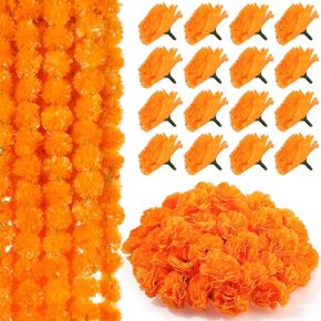 5 Pcs 5 Feet Artificial Marigold Garland and 50 Pcs Marigold Flowers Heads for Decoration Mexican Silk Marigold Flowers Orange Fall Garlands for Indian Wedding Party Diwali Halloween Home DIY Decor
