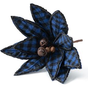 4Pcs Buffalo Plaid Poinsettia Flowers Decoration Blue White Plaid Christmas Poinsettias Artificial Christmas Flowers with Retro Jingle Bell for Christmas New Year DIY Garlands Ornaments