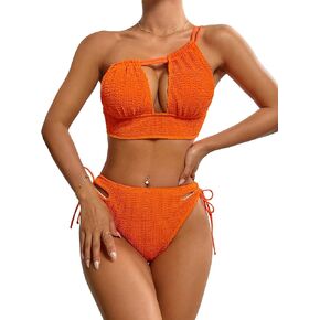 OYOANGLE Women's 2 Piece Bikini Swimsuit Textured One Shoulder Cut Out Bathing Suit Tie Side Swimwear in Kuwait