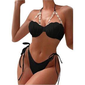 WDIRARA Women's Two Piece Shell Decoration Halter Tie Back Swimsuit High Cut Cheeky Bikini Set