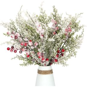 Pack of 4 Artificial Frosted Pine Branches with Red Berries 17" Snowy Christmas Tree Picks Winter Greenery Sprays White Fake Cedar Holly Berry Stems for Vase Fillers Craft Wreath Holiday Décor (Red)