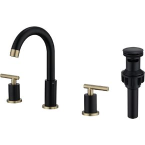 Brushed Gold Bathroom Sink Faucet, Vanity Faucet 3 Hole with Pop-up Drain and Supply Lines, 2-Handle 8 Inch Widespread Modern Brass Basin Faucet