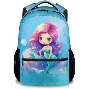 Girls School Backpack - 17 Inch Blue Mermaid Backpacks - Cartoon Lightweight Durable Bookbag for Kids