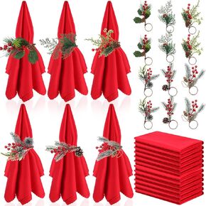 Suclain 24 Pcs Christmas Napkins and Ring Set 12 Christmas Red Cloth Napkins and 12 Christmas Napkin Holder for Fall Winter Holiday Christmas Wedding Napkin Holder, Handmade Trees and Pines (Joyous)