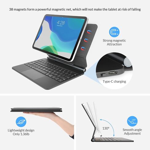 حافظة لوحة المفاتيح المغناطيسية Rii لجهاز iPad Pro 12.9 (الجيل السادس والخامس والرابع والثالث)، لوحة مفاتيح سحرية لجهاز iPad Pro 12.9، حافظة لوحة مفاتيح للشحن بالطاقة الشمسية مع لوحة تتبع متعددة اللمس، إضاءة خلفية، أسود in Saudi Arabia
