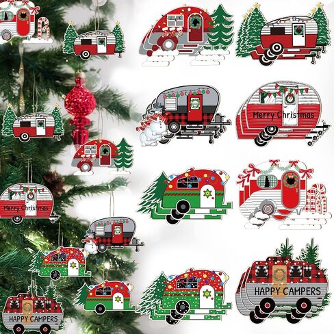 24 Pieces Christmas Camper Ornaments Christmas Wooden Ornaments Camper Decorations Red and White Happy Camper Rv Trailer Camping Decoration Rv Gifts for Xmas Tree Party Decors (Stylish) in Saudi Arabia
