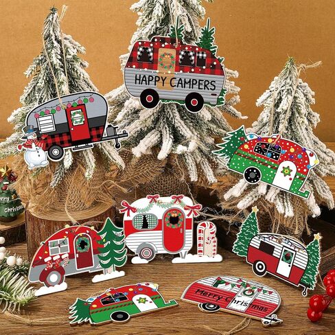 24 Pieces Christmas Camper Ornaments Christmas Wooden Ornaments Camper Decorations Red and White Happy Camper Rv Trailer Camping Decoration Rv Gifts for Xmas Tree Party Decors (Stylish) in Saudi Arabia