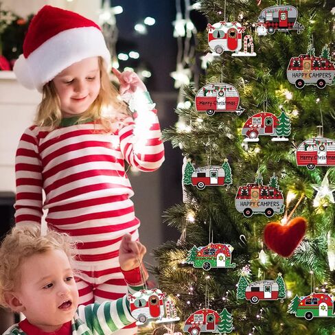 24 Pieces Christmas Camper Ornaments Christmas Wooden Ornaments Camper Decorations Red and White Happy Camper Rv Trailer Camping Decoration Rv Gifts for Xmas Tree Party Decors (Stylish) in Saudi Arabia