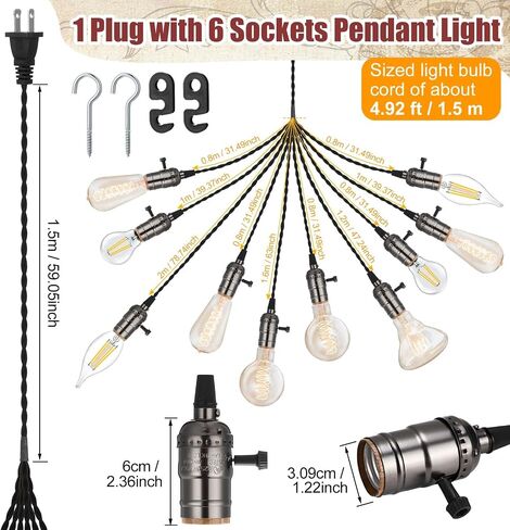 Vintage Pendant Light Sockets Light Cord Kit with Switches DIY Light Bulb Socket with Cord for E26 E27 Lamp Socket Lantern Bedroom Living Room Decor(1 Plug with 10 Sockets,1 Pcs) in Kuwait
