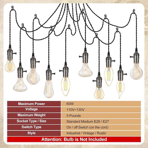 Vintage Pendant Light Sockets Light Cord Kit with Switches DIY Light Bulb Socket with Cord for E26 E27 Lamp Socket Lantern Bedroom Living Room Decor(1 Plug with 10 Sockets,1 Pcs) in Kuwait