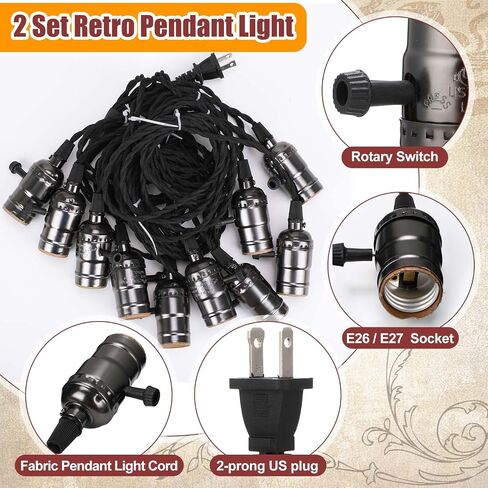 Vintage Pendant Light Sockets Light Cord Kit with Switches DIY Light Bulb Socket with Cord for E26 E27 Lamp Socket Lantern Bedroom Living Room Decor(1 Plug with 10 Sockets,1 Pcs) in Kuwait