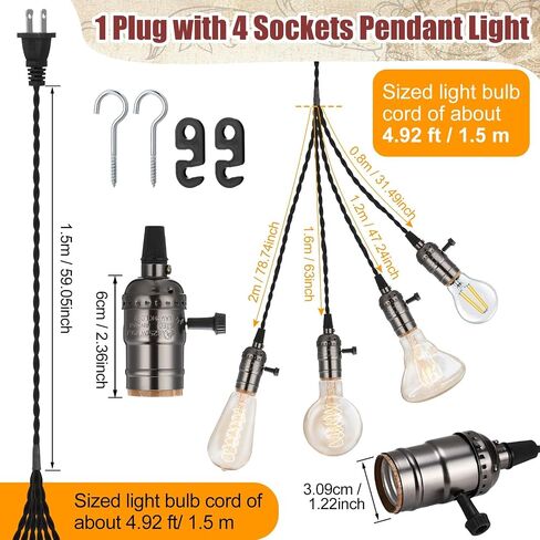 Vintage Pendant Light Sockets Light Cord Kit with Switches DIY Light Bulb Socket with Cord for E26 E27 Lamp Socket Lantern Bedroom Living Room Decor(1 Plug with 10 Sockets,1 Pcs) in Kuwait