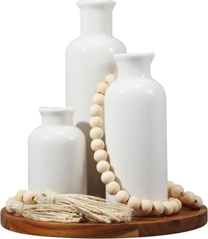 5 Pcs Rustic Country Table Top Center Decorations Set of 3 Boho White Ceramic Vases with Wooden Serving Tray Wood Bead Garland Tassels Table Centerpiece Holder for Home Decor Accessories in Kuwait