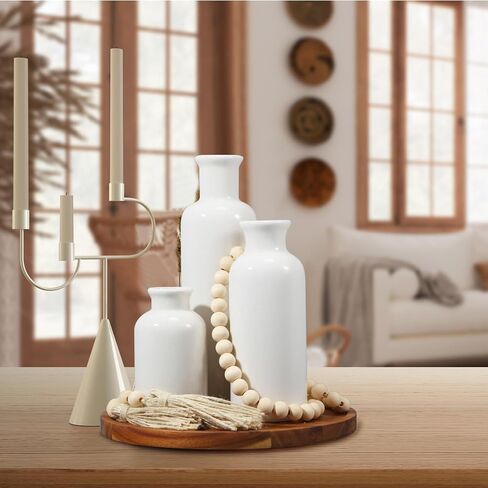 5 Pcs Rustic Country Table Top Center Decorations Set of 3 Boho White Ceramic Vases with Wooden Serving Tray Wood Bead Garland Tassels Table Centerpiece Holder for Home Decor Accessories in Kuwait