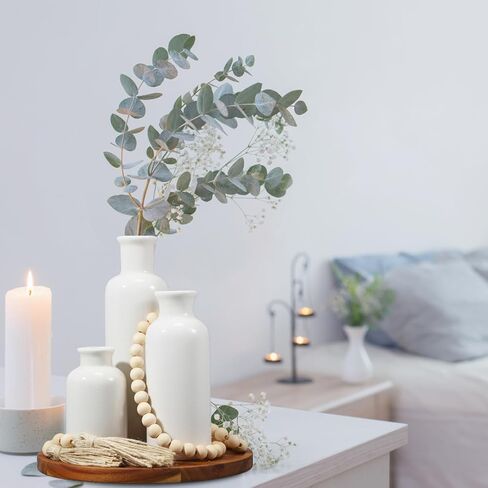 5 Pcs Rustic Country Table Top Center Decorations Set of 3 Boho White Ceramic Vases with Wooden Serving Tray Wood Bead Garland Tassels Table Centerpiece Holder for Home Decor Accessories in Kuwait