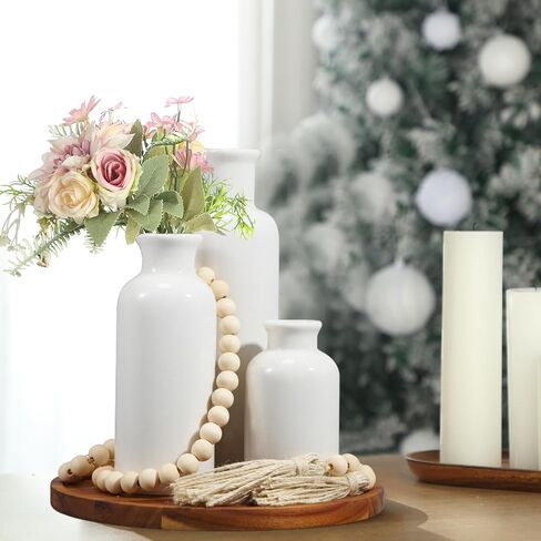 5 Pcs Rustic Country Table Top Center Decorations Set of 3 Boho White Ceramic Vases with Wooden Serving Tray Wood Bead Garland Tassels Table Centerpiece Holder for Home Decor Accessories in Kuwait