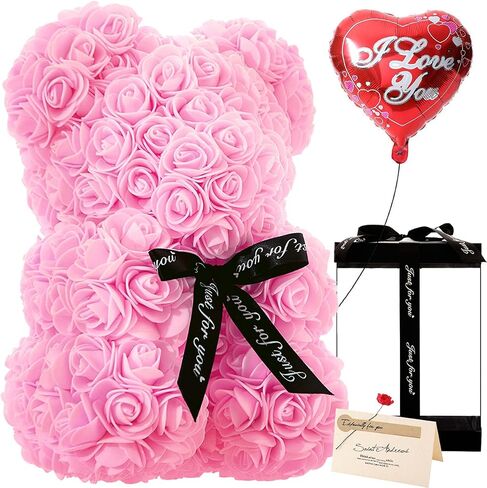 Gifts for Women - Rose Flower Bear - Rose Bear,Pure Handmade Rose Teddy Bear,Gift for Mothers Day,Valentines Day, Anniversary and Bridal Showers,w/Clear Gift Box and Greeting Card (Red) in Saudi Arabia