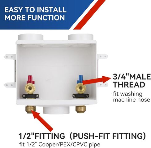 صندوق مخرج الغسالة، وصلة مدخل قابلة للدفع 1/2 بوصة، وصلة ذكر لمخرج MHT 3/4 بوصة، صندوق PEX مع تصريف مركزي، صندوق غسيل مع صمامات كروية 1/4 دورة in Kuwait