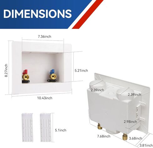صندوق مخرج الغسالة، وصلة مدخل قابلة للدفع 1/2 بوصة، وصلة ذكر لمخرج MHT 3/4 بوصة، صندوق PEX مع تصريف مركزي، صندوق غسيل مع صمامات كروية 1/4 دورة in Kuwait