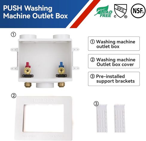 صندوق مخرج الغسالة، وصلة مدخل قابلة للدفع 1/2 بوصة، وصلة ذكر لمخرج MHT 3/4 بوصة، صندوق PEX مع تصريف مركزي، صندوق غسيل مع صمامات كروية 1/4 دورة in Kuwait