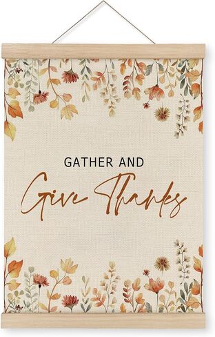 MAQIKA Fall Gather and Give Thanks Poster Framed with Wood Hanger, Flower Hanging Wall Decor, Neutral Autumn Hanging Wall Decor, Thanksgiving Canvas Wall Art Prints for Farmhouse Decor 12x16 inch in Kuwait