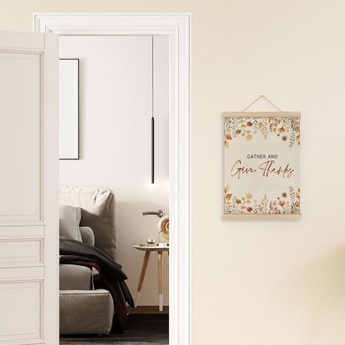 MAQIKA Fall Gather and Give Thanks Poster Framed with Wood Hanger, Flower Hanging Wall Decor, Neutral Autumn Hanging Wall Decor, Thanksgiving Canvas Wall Art Prints for Farmhouse Decor 12x16 inch in Kuwait