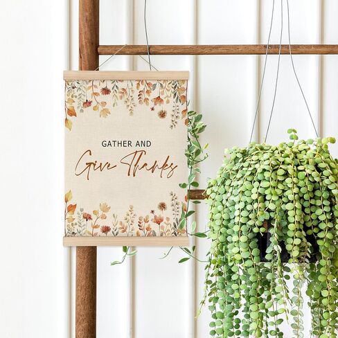 MAQIKA Fall Gather and Give Thanks Poster Framed with Wood Hanger, Flower Hanging Wall Decor, Neutral Autumn Hanging Wall Decor, Thanksgiving Canvas Wall Art Prints for Farmhouse Decor 12x16 inch in Kuwait