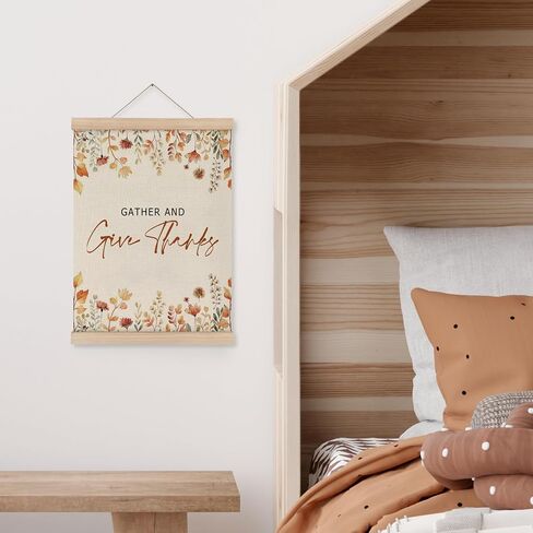 MAQIKA Fall Gather and Give Thanks Poster Framed with Wood Hanger, Flower Hanging Wall Decor, Neutral Autumn Hanging Wall Decor, Thanksgiving Canvas Wall Art Prints for Farmhouse Decor 12x16 inch in Kuwait