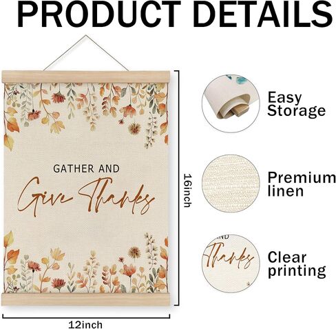 MAQIKA Fall Gather and Give Thanks Poster Framed with Wood Hanger, Flower Hanging Wall Decor, Neutral Autumn Hanging Wall Decor, Thanksgiving Canvas Wall Art Prints for Farmhouse Decor 12x16 inch in Kuwait