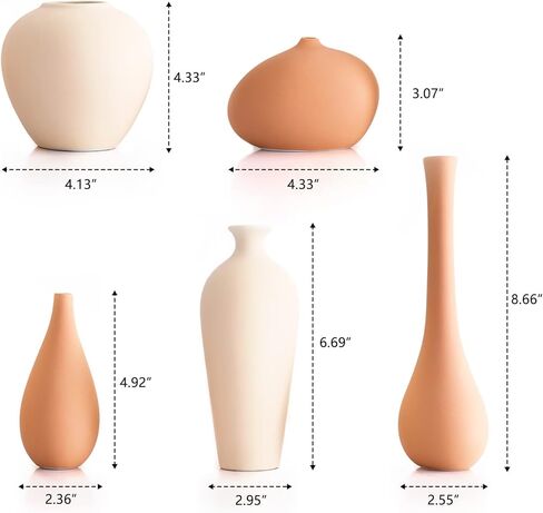 مجموعة مزهريات سيراميك مكونة من 5 مزهريات زهور صغيرة لديكور المنزل الريفي، وديكور المزرعة الحديثة، وديكور غرفة المعيشة، وديكور الرف، وديكور الطاولة، ورف الكتب، وديكور المدخل باللون البيج والوردي in Kuwait