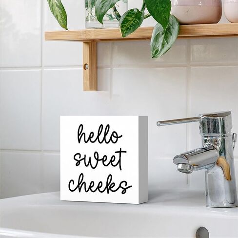 Hello Sweet Cheeks Bathroom Decor, Bathroom Signs Decor, Black and White Bathroom Decor, Funny Bathroom Decor, Bathroom Decor for Shelves, Wooden Box Decor Sign for Home Farmhouse Living Room Table in Saudi Arabia