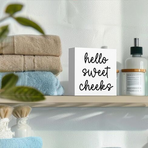 Hello Sweet Cheeks Bathroom Decor, Bathroom Signs Decor, Black and White Bathroom Decor, Funny Bathroom Decor, Bathroom Decor for Shelves, Wooden Box Decor Sign for Home Farmhouse Living Room Table in Saudi Arabia