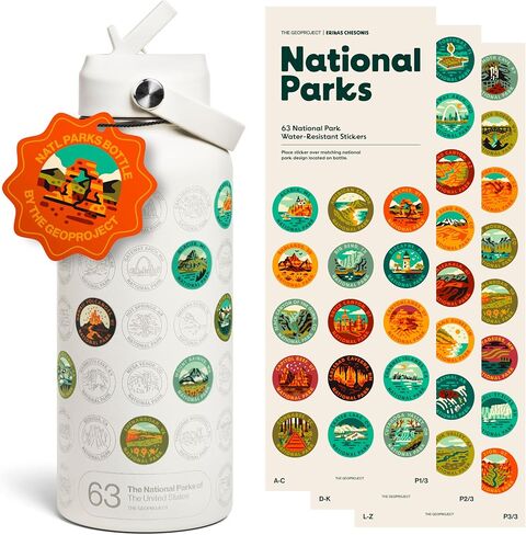 زجاجة مياه من National Parks مع مجموعة ملصقات، تعاون Erikas Chesonis، قارورة مغامرة مع قش، ملصقات مقاومة للماء لزجاجة المياه، فولاذ مقاوم للصدأ معزول 32oz (أسمر) in Saudi Arabia