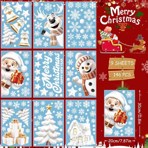 Christmas Window Clings, Gocheden 146PCS Christmas Snowflake Window Clings Stickers for Glass, 3D Xmas Window Stickers for Christmas Decorations, Winter Window Clings, Christmas Window Decorations in Saudi Arabia