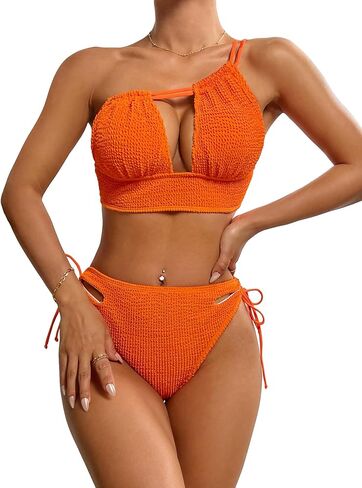 OYOANGLE Women's 2 Piece Bikini Swimsuit Textured One Shoulder Cut Out Bathing Suit Tie Side Swimwear in Kuwait