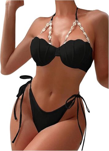 WDIRARA Women's Two Piece Shell Decoration Halter Tie Back Swimsuit High Cut Cheeky Bikini Set in Saudi Arabia