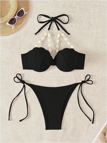 WDIRARA Women's Two Piece Shell Decoration Halter Tie Back Swimsuit High Cut Cheeky Bikini Set in Saudi Arabia