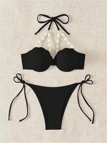 WDIRARA Women's Two Piece Shell Decoration Halter Tie Back Swimsuit High Cut Cheeky Bikini Set in Saudi Arabia