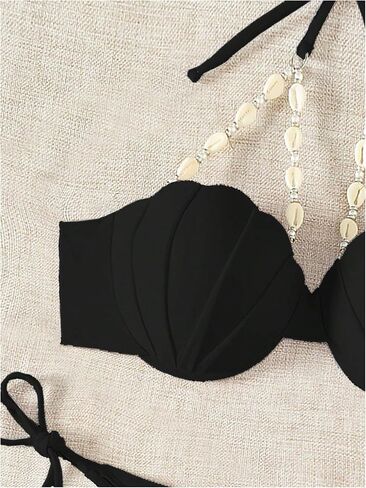 WDIRARA Women's Two Piece Shell Decoration Halter Tie Back Swimsuit High Cut Cheeky Bikini Set in Saudi Arabia