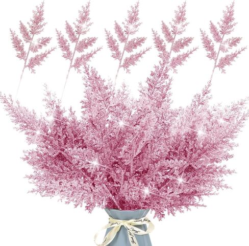 Set of 24 Glitter Artificial Pine Needles Branches 12.4" Sparkle Christmas Tree Pick Decorations Sprays Cedar Leaves Stems Twigs Winter Flower Arrangement Xmas Holiday Décor Tree Fillers (Pink) in Saudi Arabia