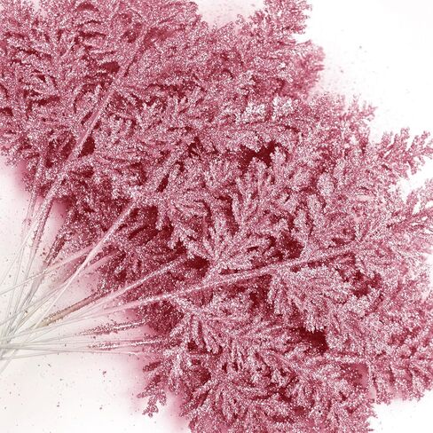 Set of 24 Glitter Artificial Pine Needles Branches 12.4" Sparkle Christmas Tree Pick Decorations Sprays Cedar Leaves Stems Twigs Winter Flower Arrangement Xmas Holiday Décor Tree Fillers (Pink) in Saudi Arabia