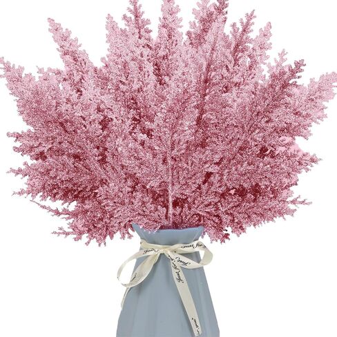 Set of 24 Glitter Artificial Pine Needles Branches 12.4" Sparkle Christmas Tree Pick Decorations Sprays Cedar Leaves Stems Twigs Winter Flower Arrangement Xmas Holiday Décor Tree Fillers (Pink) in Saudi Arabia