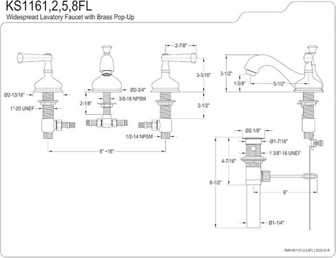 Kingston Brass KS1162FL Royale صنبور مرحاض واسع الانتشار، نحاس مصقول، مركز قابل للتعديل مقاس 8 بوصات in Saudi Arabia
