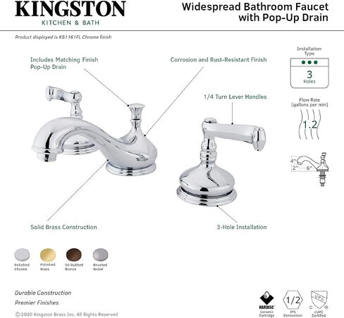 Kingston Brass KS1162FL Royale صنبور مرحاض واسع الانتشار، نحاس مصقول، مركز قابل للتعديل مقاس 8 بوصات in Saudi Arabia