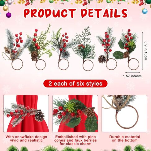 Suclain 24 Pcs Christmas Napkins and Ring Set 12 Christmas Red Cloth Napkins and 12 Christmas Napkin Holder for Fall Winter Holiday Christmas Wedding Napkin Holder, Handmade Trees and Pines (Joyous) in Kuwait
