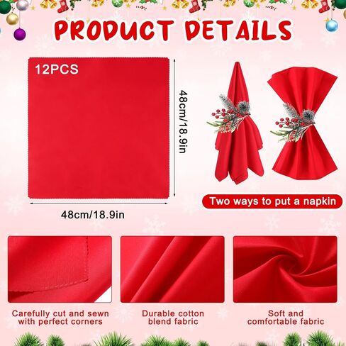 Suclain 24 Pcs Christmas Napkins and Ring Set 12 Christmas Red Cloth Napkins and 12 Christmas Napkin Holder for Fall Winter Holiday Christmas Wedding Napkin Holder, Handmade Trees and Pines (Joyous) in Kuwait