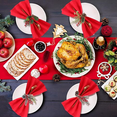 Suclain 24 Pcs Christmas Napkins and Ring Set 12 Christmas Red Cloth Napkins and 12 Christmas Napkin Holder for Fall Winter Holiday Christmas Wedding Napkin Holder, Handmade Trees and Pines (Joyous) in Kuwait