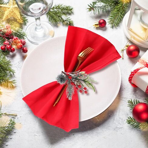 Suclain 24 Pcs Christmas Napkins and Ring Set 12 Christmas Red Cloth Napkins and 12 Christmas Napkin Holder for Fall Winter Holiday Christmas Wedding Napkin Holder, Handmade Trees and Pines (Joyous) in Kuwait