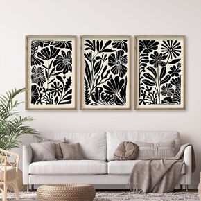 flowtorely Abstract Floral Botanical Wall Art 16x24 Inch 3 Piece Black Vintage Boho Plant Flower Minimalist Wood Frame Sign Home Living Room Family Office Mid Century Print Wall Hanging Decor (Wood)