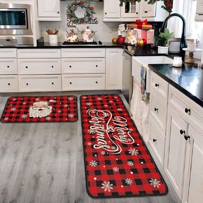 Christmas Kitchen Rugs and Mats Set of 2, Christmas Decorations for Home Non Slip Backing Winter Holiday Kitchen Rug Seasonal Low-Profile Kitchen Floor Mat Xmas Decor 17"X47"+17"X30"